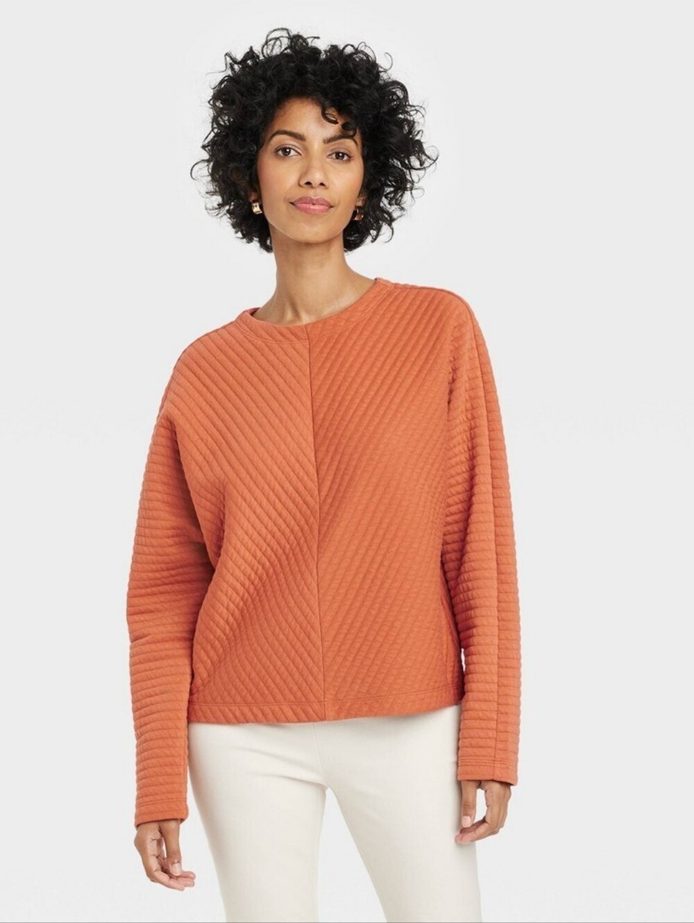 NWOT Large Quilted Campfire Orange Women's Crew Neck Pullover Sweater A NEW DAY